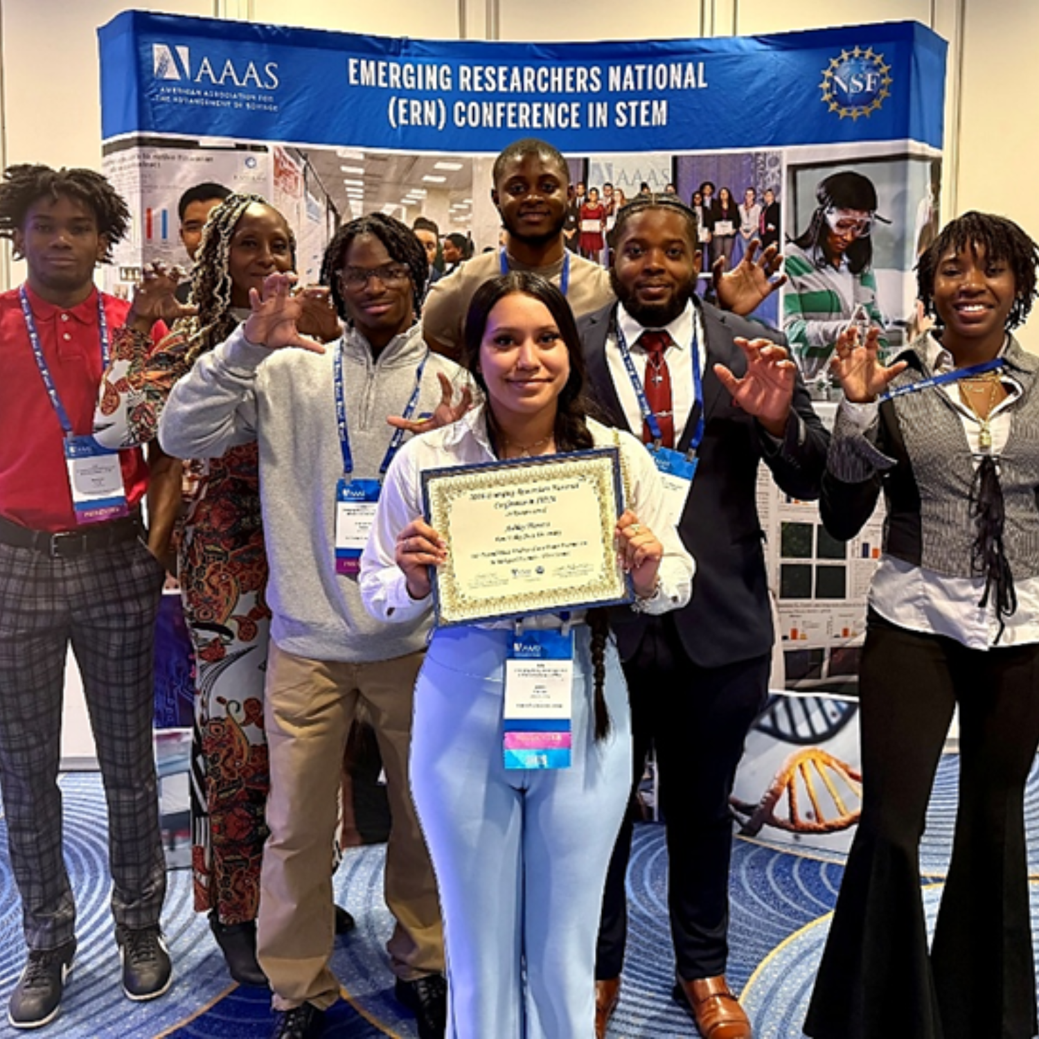 students posing for awards and students at dinner